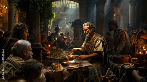 Captivating image of an ancient Roman or Greek feast happening in a traditional hall with people dining, engaging and socializing © AS Photo Family