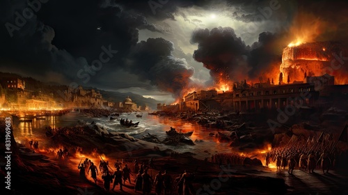 A dramatic digital artwork depicting a historic city engulfed in flames  with citizens fleeing and the sky darkened by smoke
