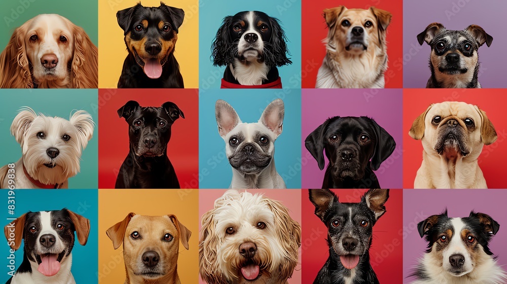 Various dog breeds collaged against multicolored background Marketing for pet food brands, showing variety for every breed Animal theme, care, veterinary medical concept