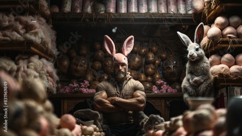 A muscular man wearing bunny ears stands in a peculiar shop with masks and props