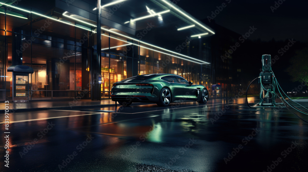 Fototapeta premium The image captures a sleek electric car charging at a station on a glossy wet surface, reflecting city lights