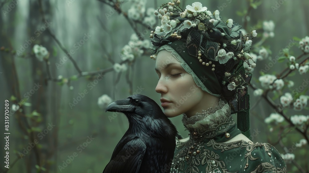 A woman is holding a black crow in her hand A woman is holding a black crow in her hand