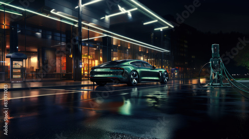The image captures a sleek electric car charging at a station on a glossy wet surface, reflecting city lights