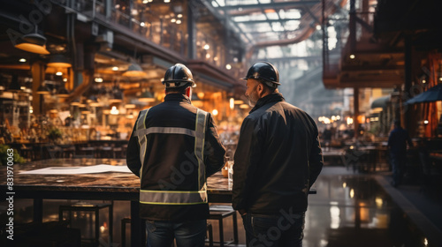Two engineers or construction workers are standing in a vibrant market area discussing plans or observing the site