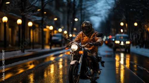 A rider on a motorcycle navigating through the city streets on a rainy night under glowing streetlights