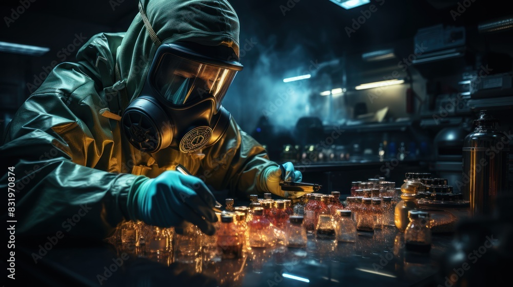 A person in hazmat suit carefully handles test vials, depicting a high-risk laboratory environment A person in hazmat suit carefully handles test vials, depicting a high-risk laboratory environment