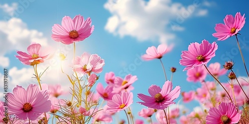 Beautiful close-up view of pink flowers on a field, with a sunny blue sky and clouds, Generative AI