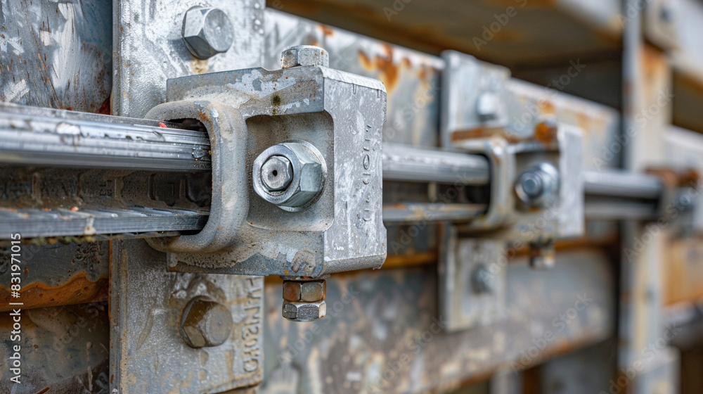 A close-up of scaffolding clamps and joints, showing the bolts and metal texture. A close-up of scaffolding clamps and joints, showing the bolts and metal texture.