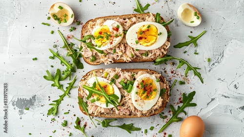 Tuna toast. Open sandwiches with whole grain bread, canned tuna, boiled egg, avocado and arugula