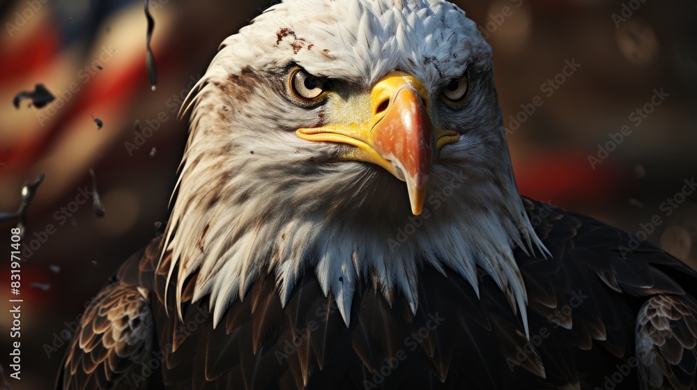 Obraz premium This detailed image captures the intense gaze of a bald eagle, highlighting its sharp beak and textured feathers