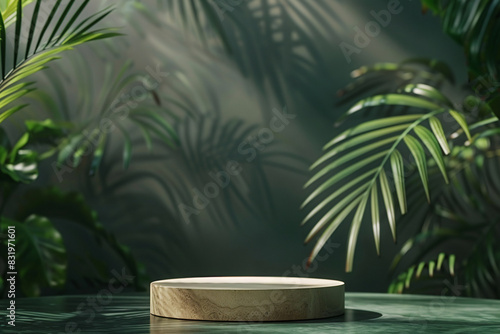 a round wooden platform with a green background with palm leaves