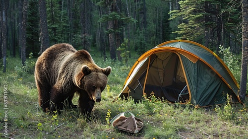 Camping with bear on background. Generative Ai photo
