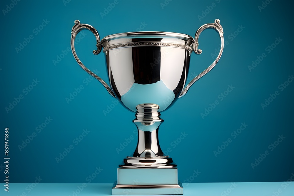 Shiny silver trophy with an elegant base, standing against a blue background. The cup is adorned with intricate designs and features two hands holding the handle at its top. It has been decorated. Shiny silver trophy with an elegant base, standing against a blue background. The cup is adorned with intricate designs and features two hands holding the handle at its top. It has been decorated.