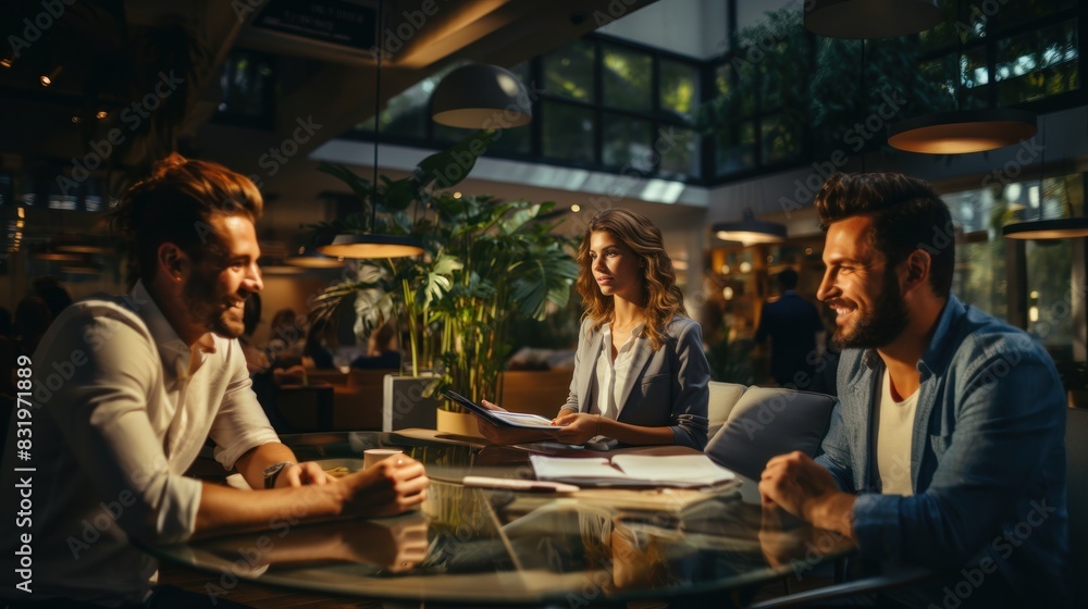 A lively business discussion in a modern office environment, with four individuals engaging in vibrant conversation A lively business discussion in a modern office environment, with four individuals engaging in vibrant conversation