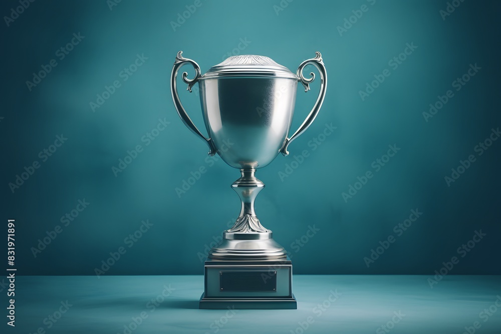 Shiny silver trophy with an elegant base, standing against a blue background. The cup is adorned with intricate designs and features two hands holding the handle at its top. It has been decorated. Shiny silver trophy with an elegant base, standing against a blue background. The cup is adorned with intricate designs and features two hands holding the handle at its top. It has been decorated.