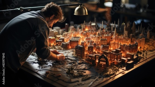 An artist intricately works on an illuminated, detailed miniaturized city model under a lamp photo