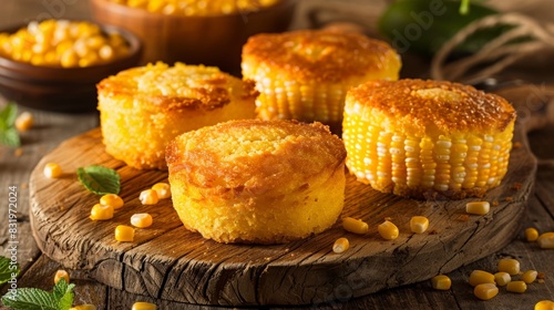 Paraguayan chipa guasu, a corn cake similar to cornbread, presented on a rustic wooden board. A traditional and flavorful dish from Paraguay. photo