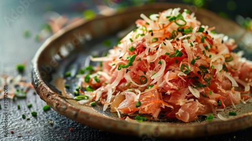 Maldivian mas huni, shredded smoked tuna mixed with coconut and onions, served on a small plate. A traditional and flavorful dish from the Maldives. photo