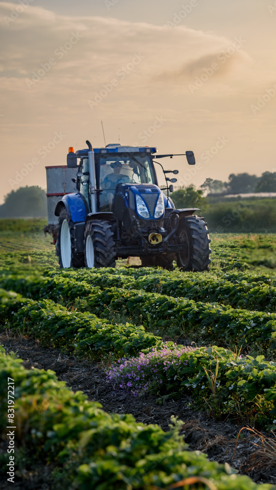 Fototapeta premium Lush green strawberry plants arranged in even rows with a tractor spreading straw mulch on the plantation. 