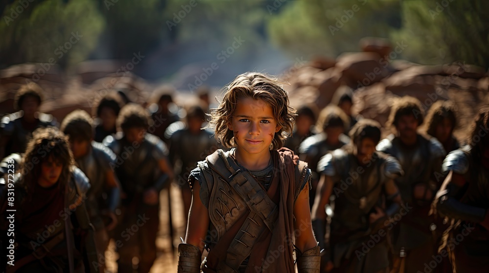 Obraz premium A young warrior confidently leads a group with ancient armory in a historical setting