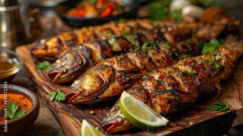 Iraqi masgouf, grilled carp seasoned with tamarind and turmeric, served on a wooden platter. A traditional and flavorful dish from Iraq.