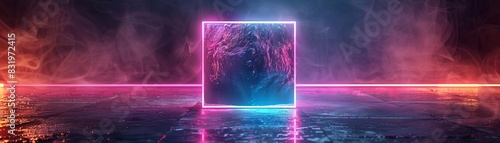 3d neon edge glowing cube isolated on dark background photo