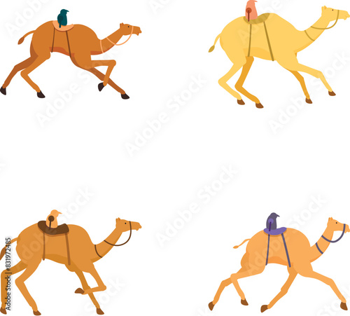 Collection of colorful flat design illustrations featuring riders on camels isolated on white background