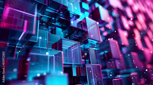 3d abstract technology background with fractal glass cubes wall structure. Web banner and futuristic digital art.