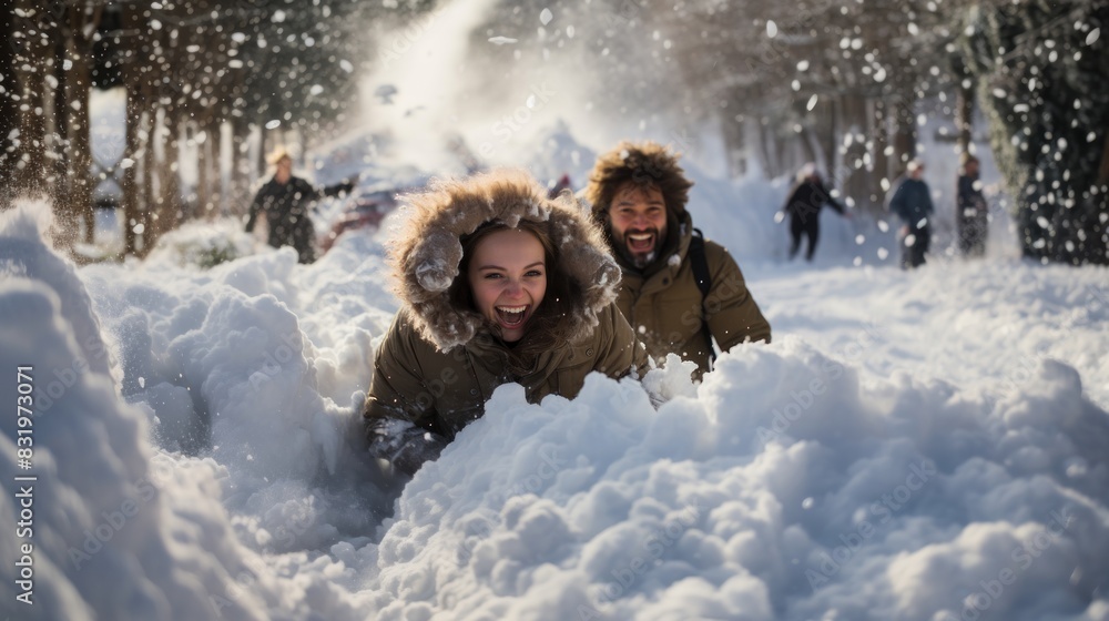 A couple in winter clothing enjoys a playful moment diving into deep snow A couple in winter clothing enjoys a playful moment diving into deep snow