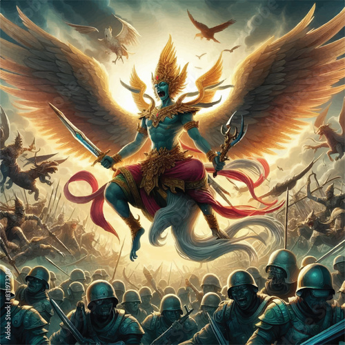 Garuda bird with a heroic battle background