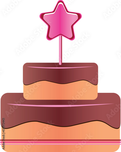 Birthday cake with chocolate icingand pink star-candle isolated on white. Vector birthday composition. Flat cartoon design for postcards and stickers, birthday party invitation photo