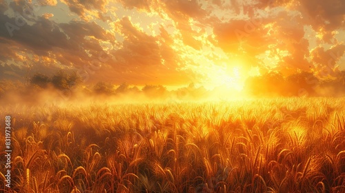 a giant harvest field with beautiful sunlight photo