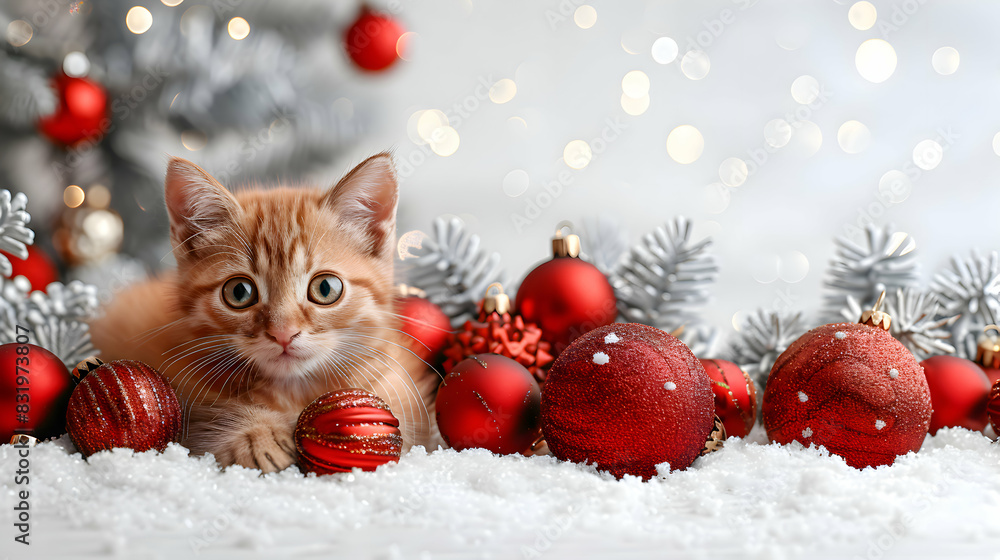 Christmas holiday kitten surrounded by Xmas decorations Christmas holiday kitten surrounded by Xmas decorations