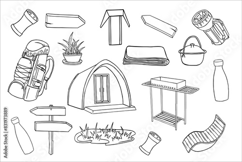 Hand drawn travel illustration. Outdoor camping doodle set. Glamping is a comfortable holiday. Gear for wild adventures. Simple vector doodle collection of campfire, tent, house, summer nights and