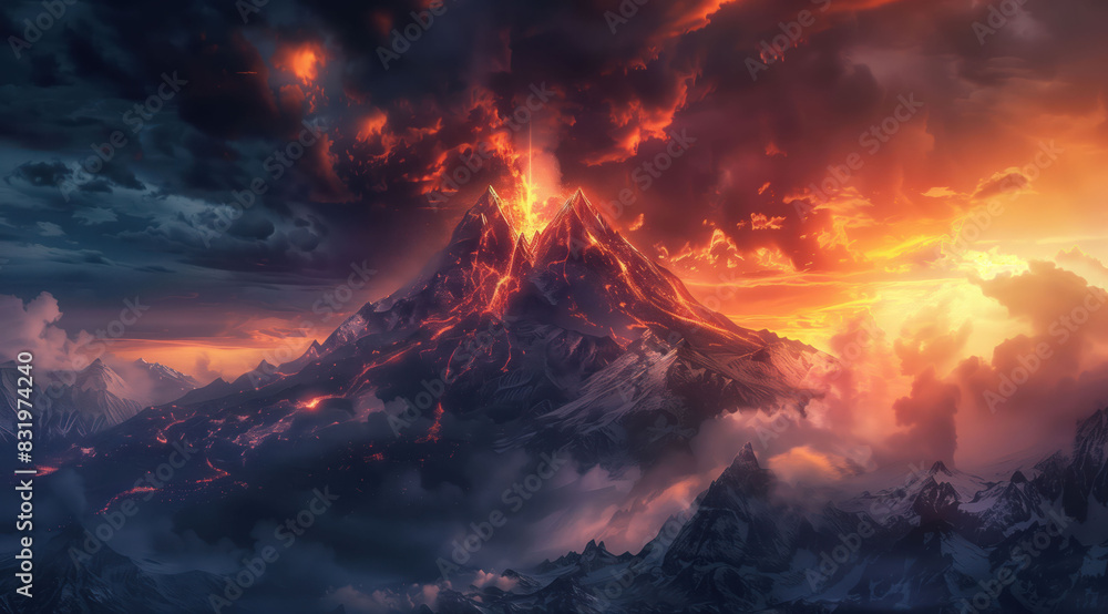 peak of volcano,eruption under dramatic sky
