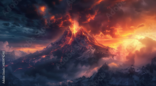 peak of volcano,eruption under dramatic sky