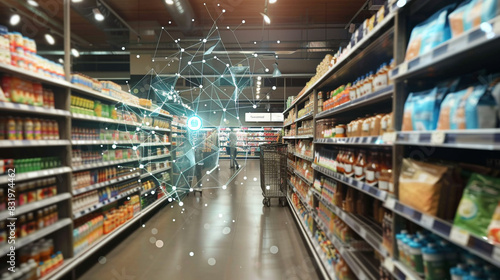 An IoT-enabled retail store with smart shelves and inventory management systems automatically tracking product levels, optimizing restocking processes, and providing shoppers with personalized