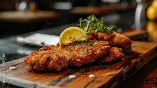 A classic German schnitzel served on a wooden cutting board, featuring a crispy breaded meat escalope with a lemon wedge