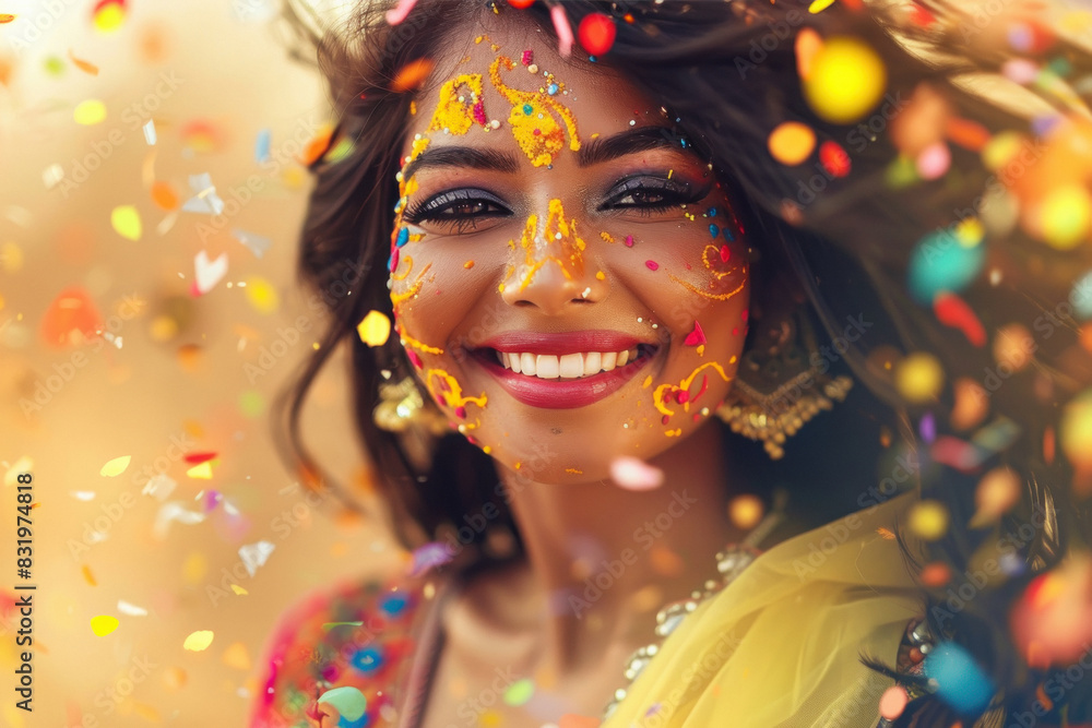 A beautiful woman surrounded by falling confetti A beautiful woman surrounded by falling confetti