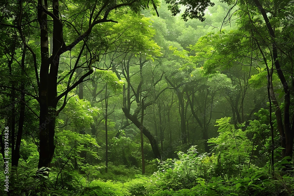 A vibrant, lush green forest brimming with a diverse array of towering trees, offering a serene haven for wildlife and a visual feast for nature enthusiasts. Generative AI A vibrant, lush green forest brimming with a diverse array of towering trees, offering a serene haven for wildlife and a visual feast for nature enthusiasts. Generative AI