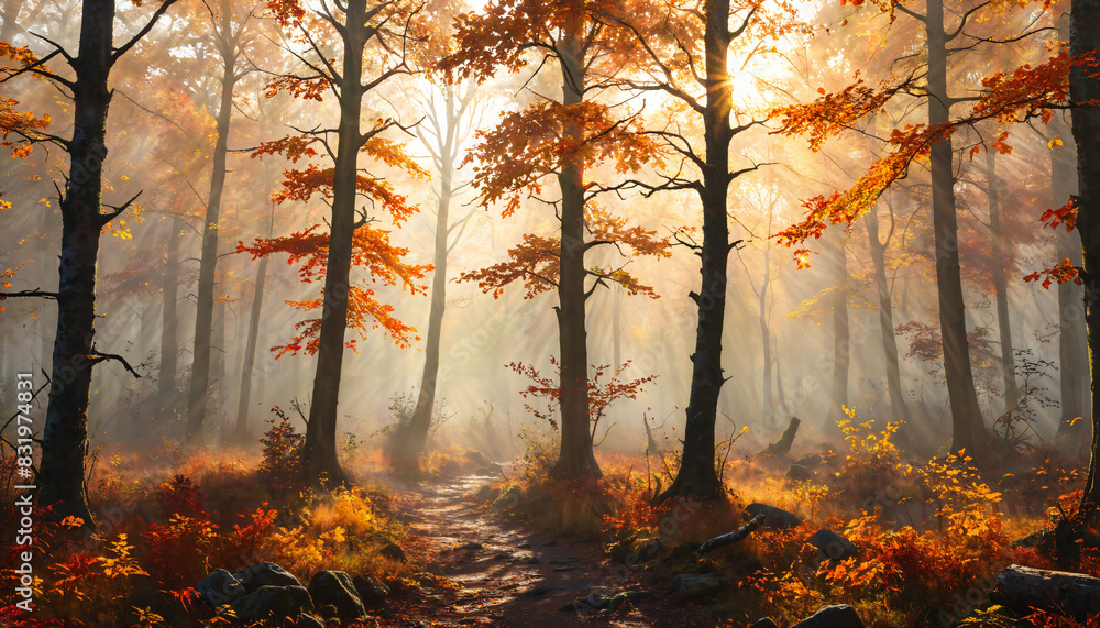 Forêt enchanteresse au lever du soleil automnal Forêt enchanteresse au lever du soleil automnal