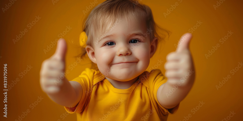 A cute happy smiling toddler baby in a yellow t-shirt shows a thumbs up gesture on a colored background. A cute happy smiling toddler baby in a yellow t-shirt shows a thumbs up gesture on a colored background.