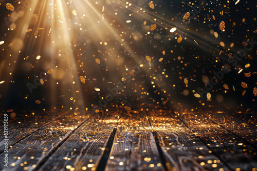 Gold confetti falls on a black background with golden light rays shining down from the top left corner, illuminating a shiny wood floor in front of a stage backdrop, with golden glitter sparkles. photo