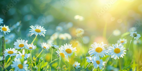 A beautiful spring meadow, dotted with daisies, offers a nature background on a sunny day.