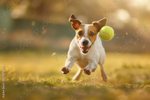 A Jack Russell Terrier dog jumps and plays with a tennis ball, the subject in sharp focus against a shallow depth of field, under warm sunlight and vibrant colors.