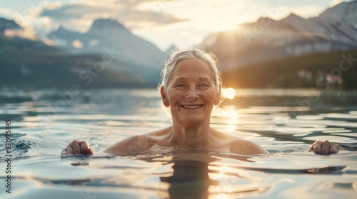 A smiling senior woman swims in a lake, with a nature background of mountains and sun rays. photo