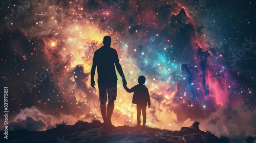 Illustrate a conceptual scene for Fathers Day with a father and child holding hands