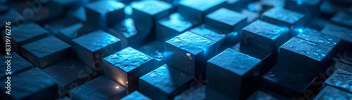 a dark piece of dark lit up with blue cubes in the sky, in the style of minimalist graphic designer, aerial view, applecore, studyplace, ferrania p30, detailoriented, adafruit photo