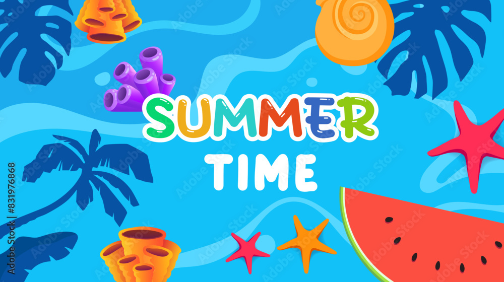 SUMMER TIME. banner and poster template design Illustration welcoming summer with a view of flowing beach water and starfish. Hello Summer. File EPS 10 SUMMER TIME. banner and poster template design Illustration welcoming summer with a view of flowing beach water and starfish. Hello Summer. File EPS 10