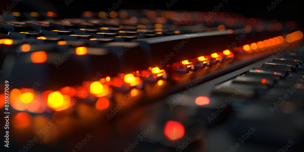close-up of a backlit gaming keyboard with orange lights illuminating the keys background is black, and there is a computer mouse to the right of the keyboard focus is on the middle of the keyboard